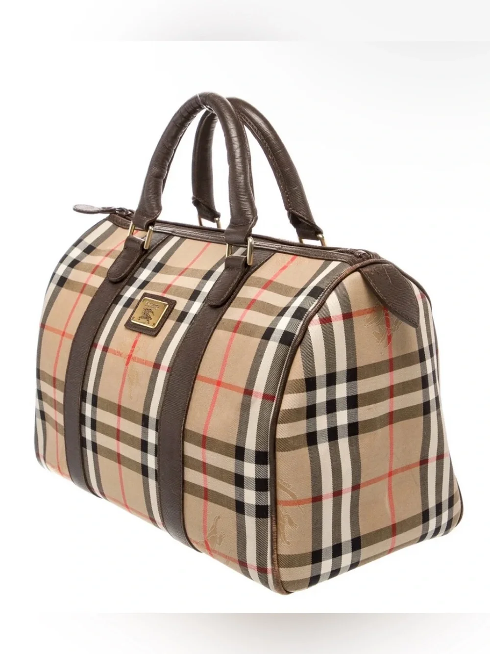 Burberry Haymarket Nova Check Top Handle Boston Travel Tote Carry All Purse Bag